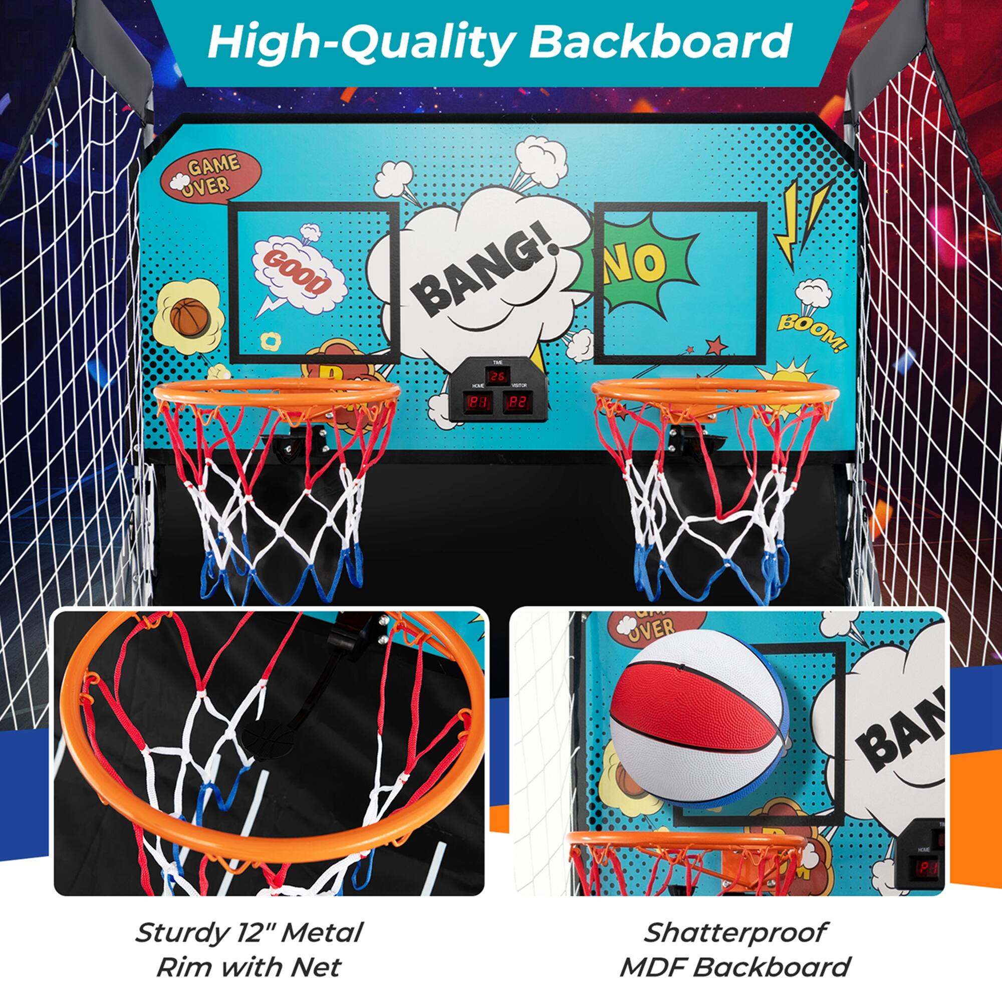 High-Quality Backboard: Game Over. Good Bang! No. PB 82. Boom! Over. Ban. Sturdy 12" Metal Rim with Net. Shatterproof MDF Backboard.