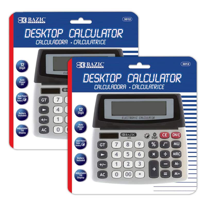 BAZIC Products - 12-Digit Dual Power Desktop Calculator with Adjustable Display, Pack of 2