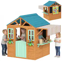 Qaba - Playhouse with Snack Bar, Half Door, Windows, Flowerpot Holders, Chalkboard - Yellowish-brown, Light Green, Blue