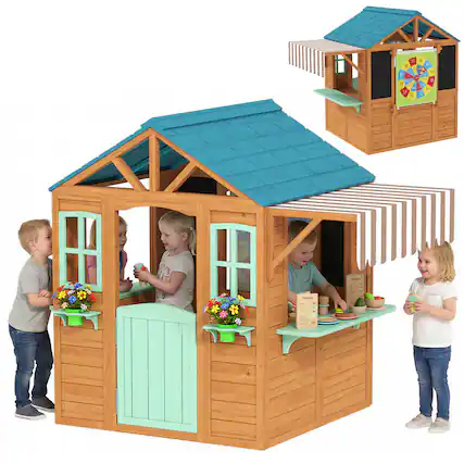 Front. Qaba - Playhouse with Snack Bar, Half Door, Windows, Flowerpot Holders, Chalkboard - Yellowish-brown, Light Green, Blue.