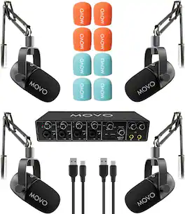 MOVO - Four Person Podcast Equipment Bundle with 4 Channel USB Audio Interface, 4 CastMic Dynamic Mics, and 4 Boom Arms