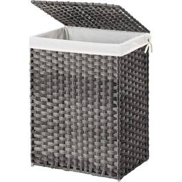 Hivvago - Grey Rattan Plastic Laundry Hamper Basket w/ Lid and Removable Cotton Liner Bag - Gray