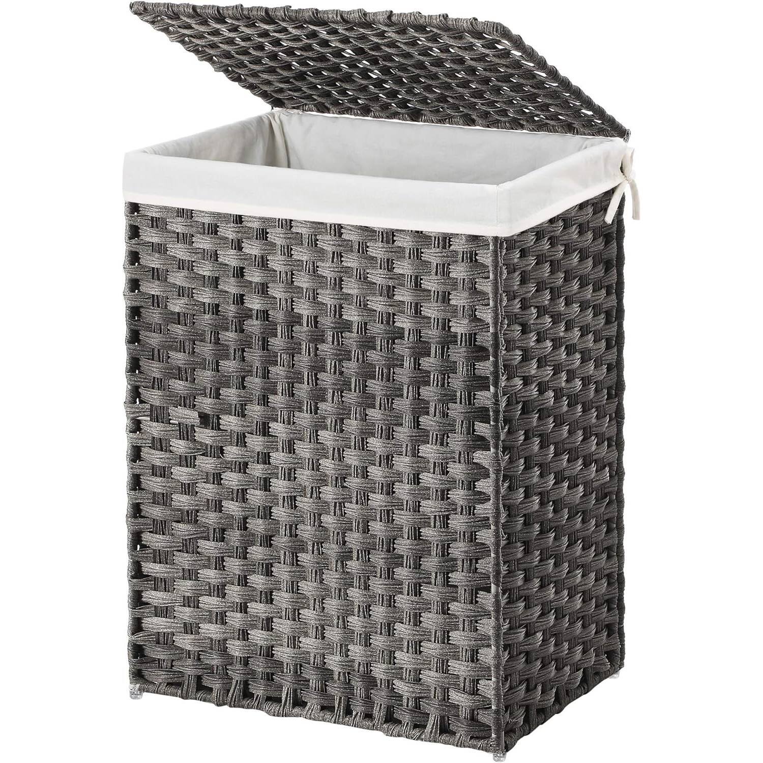 Front. Hivvago - Grey Rattan Plastic Laundry Hamper Basket w/ Lid and Removable Cotton Liner Bag - Gray.