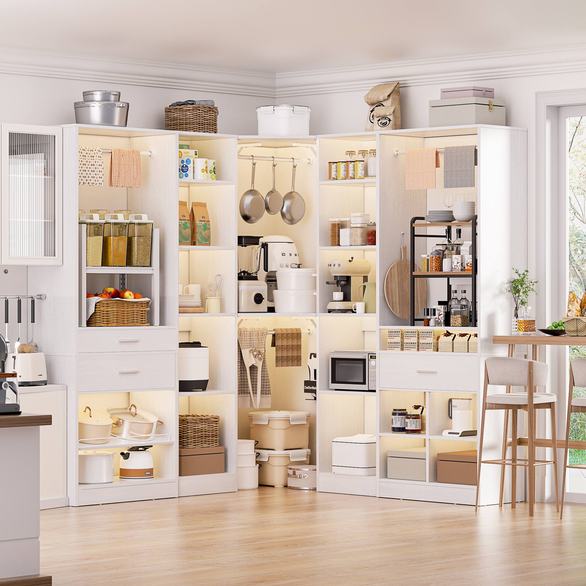 I see a kitchen with white cabinets and shelves.