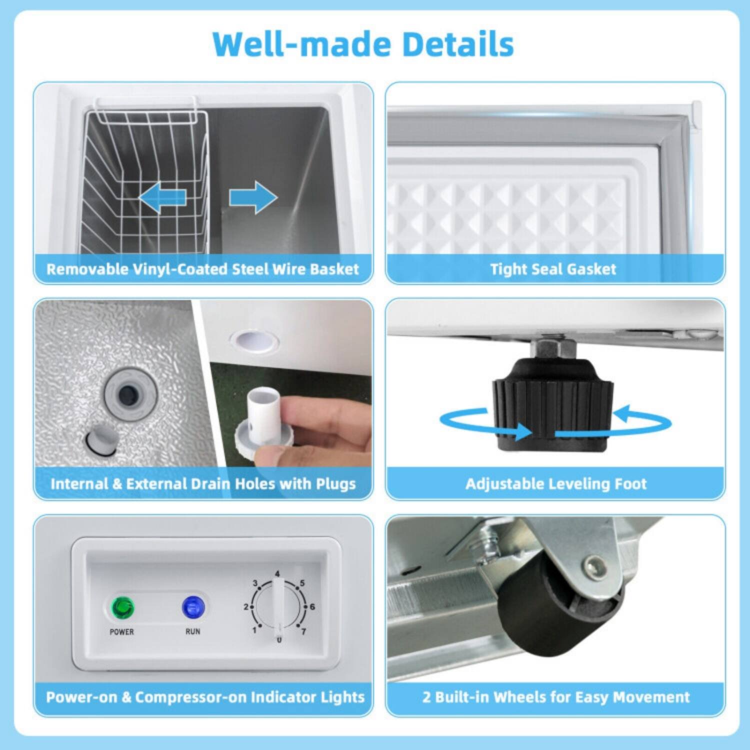 Well-made Details

- Removable Vinyl-Coated Steel Wire Basket
- Tight Seal Gasket
- Internal & External Drain Holes with Plugs
- Adjustable Leveling Foot
- Power-on & Compressor-on Indicator Lights
- 2 Built-in Wheels for Easy Movement