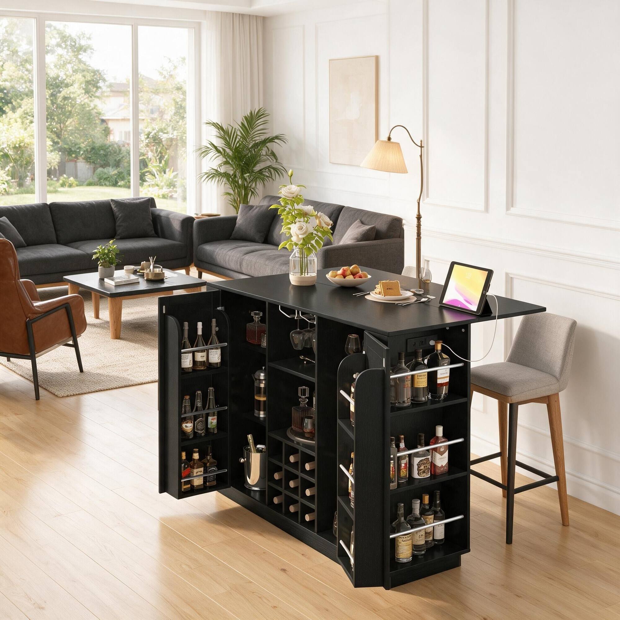 Back. RYHNUYNE - Freestanding 47.2 Inch Counter Height Table with Power Outlet, Foldable Top and Wine Rack, Sideboard Cabinet - Black.