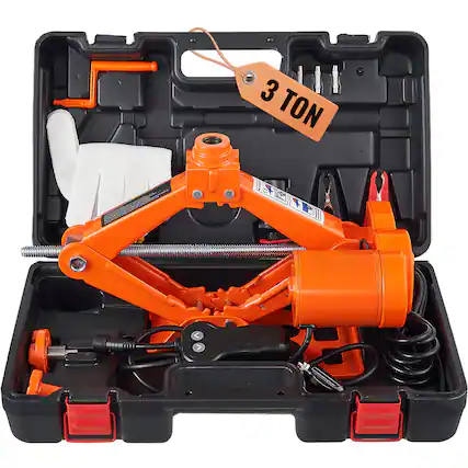 Front. VEVOR - Electric Car Jack, 3 Tons /6600 lbs Scissor Jack, 12V Electric Automatic Jack with Double Saddles and Remote Control - Orange;Black.