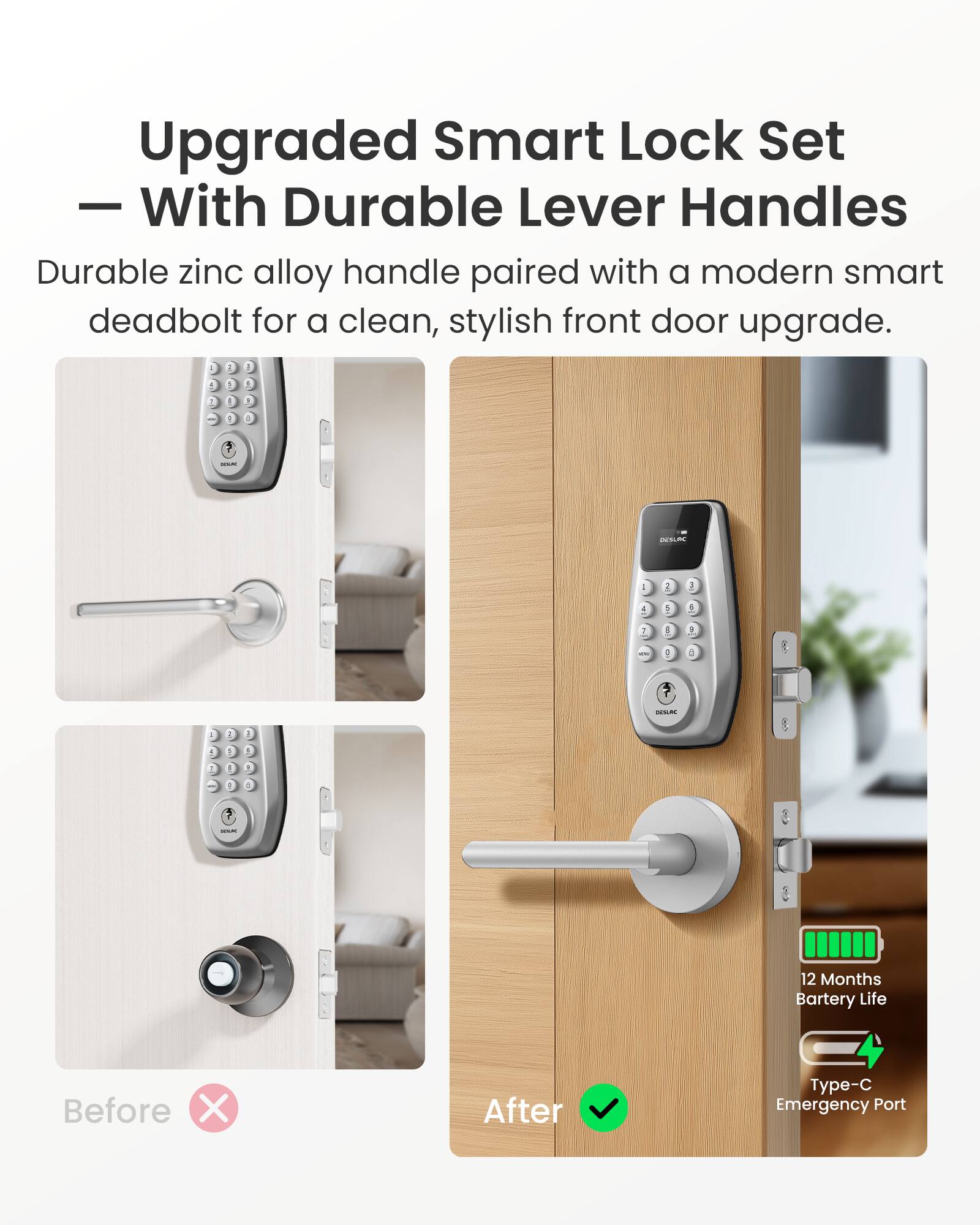 Upgraded Smart Lock Set With Durable Lever Handles

Durable zinc alloy handle paired with a modern smart deadbolt for a clean, stylish front door upgrade.

Before X After

12 Months Battery Life

Type-C Emergency Port