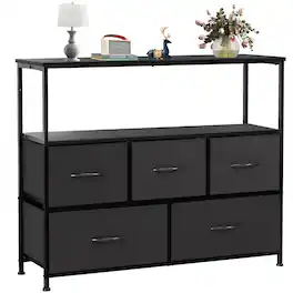 Bestier - 5 Drawer 38 in.W Fabric Storage Tower Dresser Wooden Top Without mirror for Living Room, Closet, Entryway, Nursery - Black