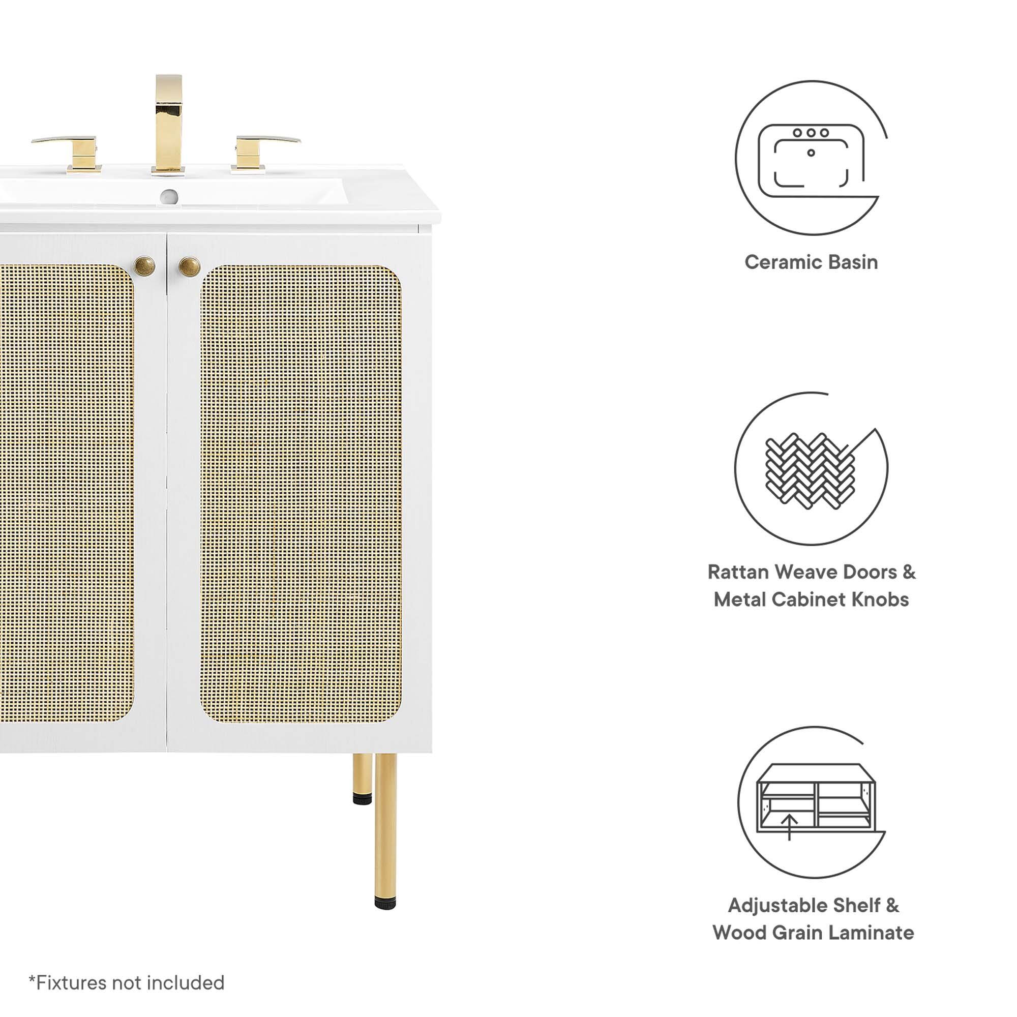 Ceramic Basin  
Rattan Weave Doors & Metal Cabinet Knobs  
Adjustable Shelf & Wood Grain Laminate  

*Fixtures not included