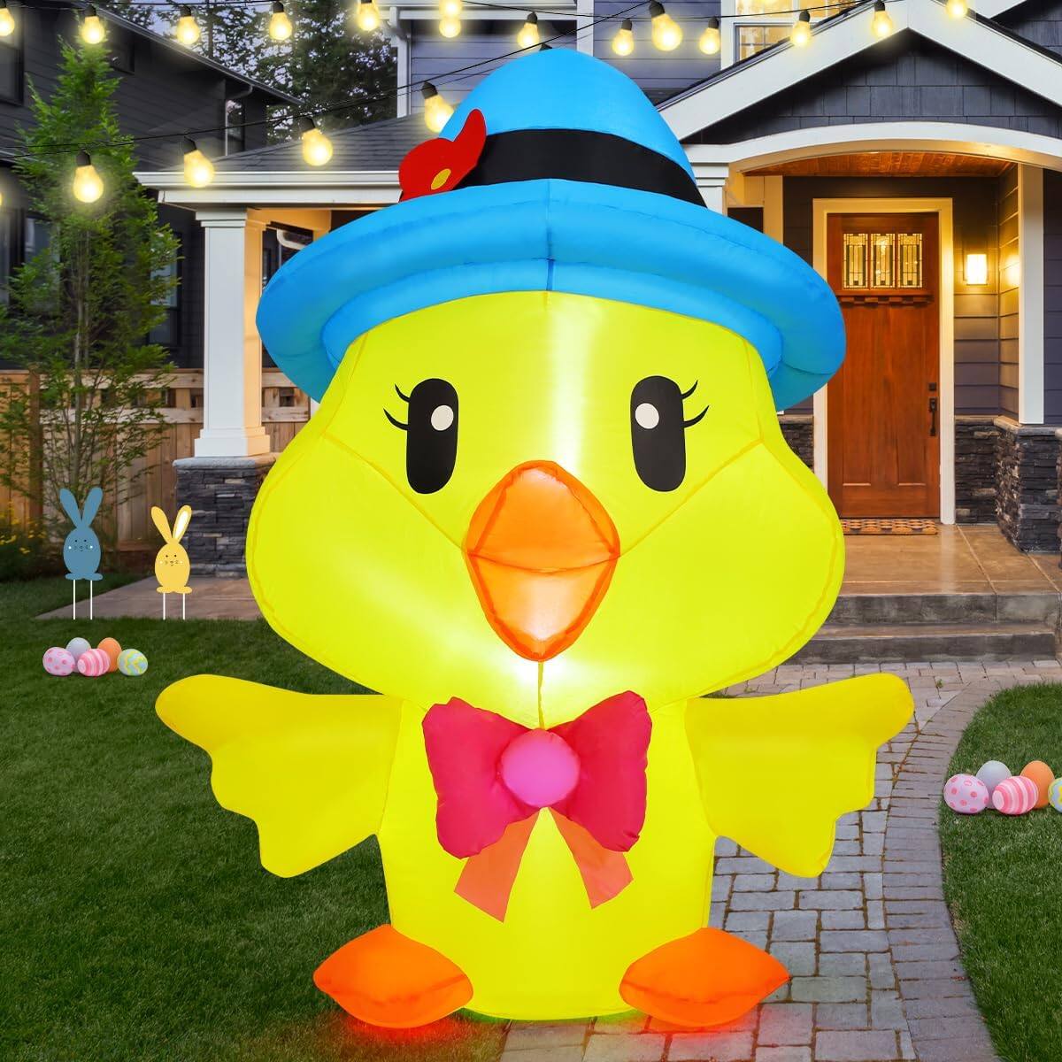 Angle. GOOSH Inflatables - GOOSH 5.2 FT Easter Inflatables Chicken  with The Blue Hat with LED Lights - Yellow.
