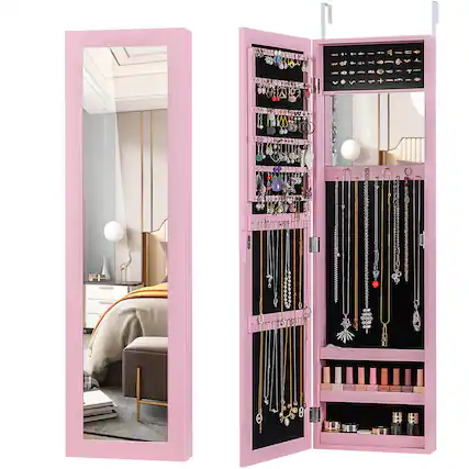 Front. Costway - Costway Jewelry Cabinet with Full-Length Mirror, Storage Shelves, Built-in Makeup Mirror - Pink.