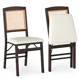 Gymax - Folding Dining Chairs Set of 2 w/Linen Padded Seat & Rattan Backrest for Kitchen Coffee & Beige - Brown