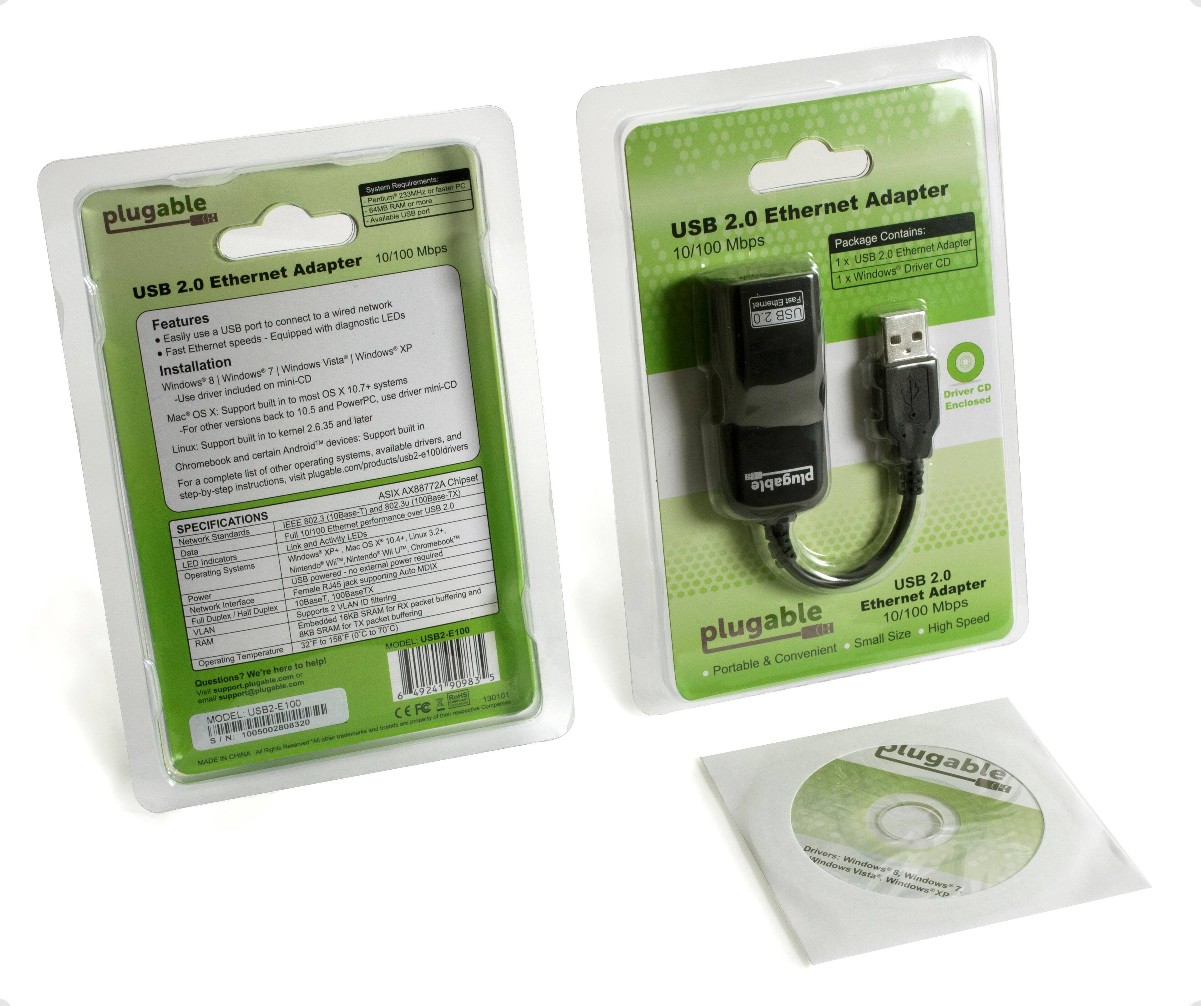 **USB 2.0 Ethernet Adapter**  
10/100 Mbps  

**Features**  
- Easily use a USB port to connect to a wired network  
- Fast speeds - Equipped with diagnostic LEDs  

**Installation**  
- Windows® 8 | Windows® 7 | Windows® Vista | Windows® XP  
- Mac® OS X® 10.4 to 10.7.4 systems  
- Use driver included on mini-CD  
- For other OS support, visit plugable.com/products/usb2-e100idrive  
- Linux® Support built into kernel 2.6.35 and later  
- Android® devices, available drivers  
- Chromebook and other operating systems  

**SPECIFICATIONS**  
- Network Interface: 10/100 Ethernet  
- Link and Activity LED indicators  
- Operating Systems: Windows® 8 | Windows® 7 | Windows® Vista | Windows® XP | Mac® OS X® 10.4 to 10.7.4 | Linux® | Android®  
- Network Interface: RJ-45  
- VLAN Support  
- Operating Temperature: -20°C to 70°C  

**Package Contents**  
- 1 x USB 2.0 Ethernet Adapter  
- 1 x Windows® Driver CD  

**USB 2.0 Ethernet Adapter**  
10/100 Mbps  

**USB 2.0 Ethernet Adapter**  
10/100 Mbps  

**USB 2.0 Ethernet Adapter**  
10/100 Mbps  

**USB 2.0 Ethernet Adapter**  
10/100 Mbps  

**USB 2.0 Ethernet Adapter**  
10/100 Mbps  

**USB 2.0 Ethernet Adapter**  
10/100 Mbps  

**USB 2.0 Ethernet Adapter**  
10/100 Mbps  

**USB 2.0 Ethernet Adapter**  
10/100 Mbps  

**USB 2.0 Ethernet Adapter**  
10/100 Mbps  

**USB 2.0 Ethernet Adapter**  
10/100 Mbps  

**USB 2.0 Ethernet Adapter**  
10/100 Mbps  

**USB 2.0 Ethernet Adapter**  
10/100 Mbps  

**USB 2.0 Ethernet Adapter**  
10/100 Mbps  

**