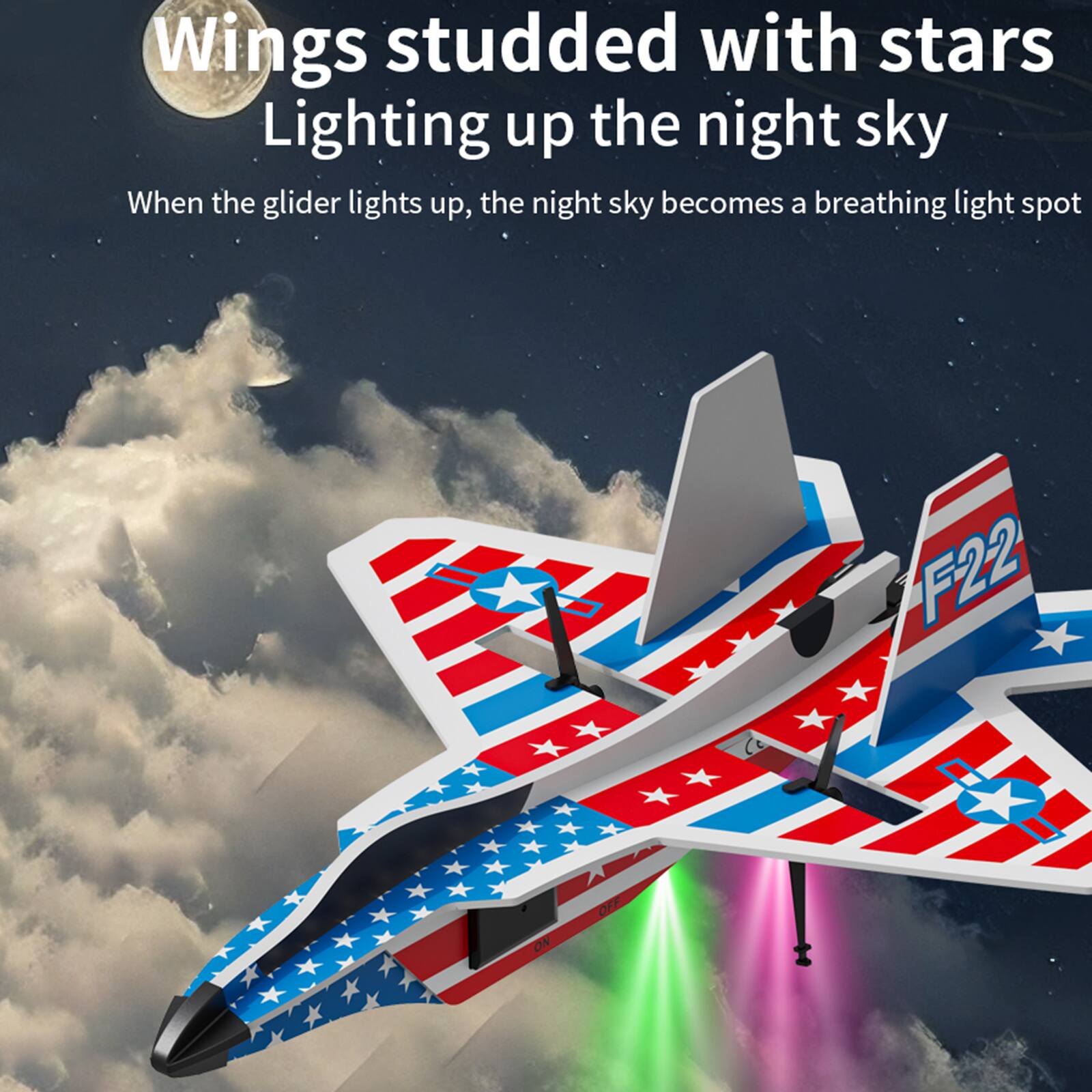 Wings studded with stars  
Lighting up the night sky  
When the glider lights up, the night sky becomes a breathing light spot