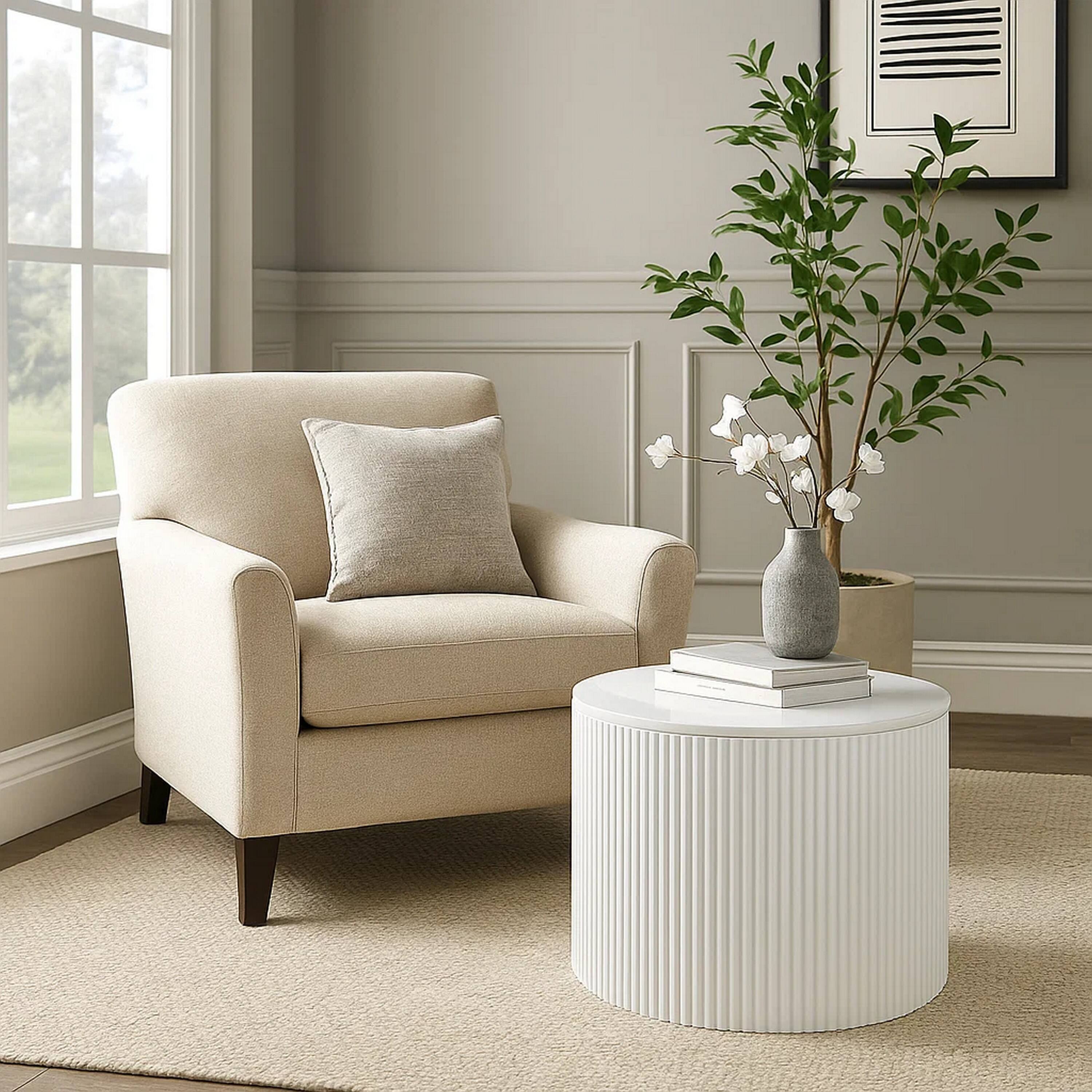 Alt View 5. Manhattan Lane - Del Modern Side End Table, 22 Inch Round Top, Glossy White Ribbed Base - Glossy White.