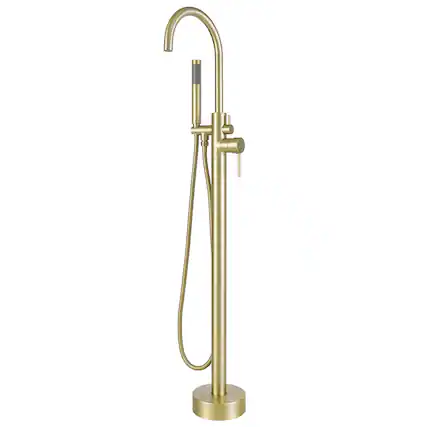 Front. Akicon - Akicon Freestanding Bathtub Faucet 360° Swivel Tub Filler with Handheld Shower and Gooseneck Spout in Brushed Gold Matte - Brushed Gold Matte Paint.