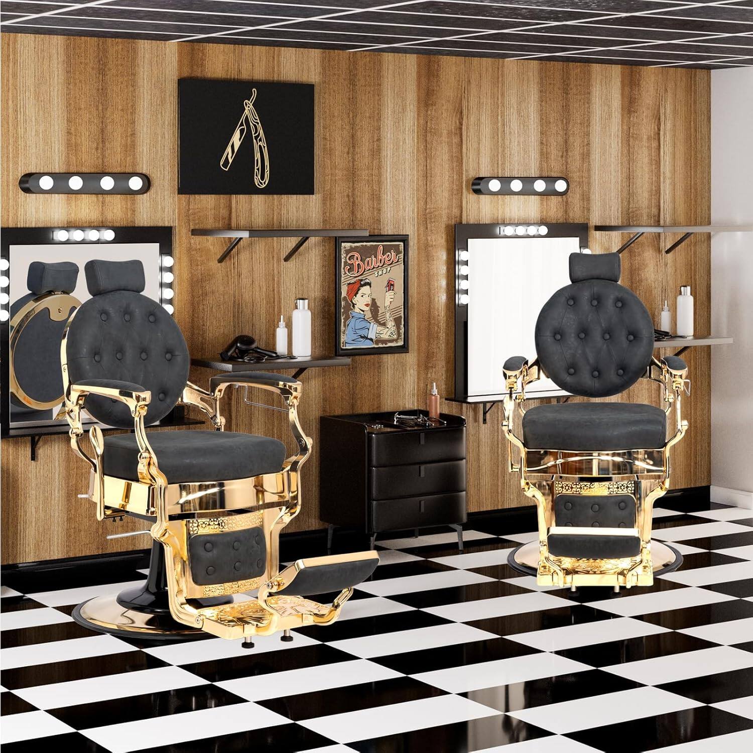 Angle. Winado - Vintage Barber Chair Hydraulic Reclining 700lb Capacity Salon Chair Gold Frame - Black & Gold.