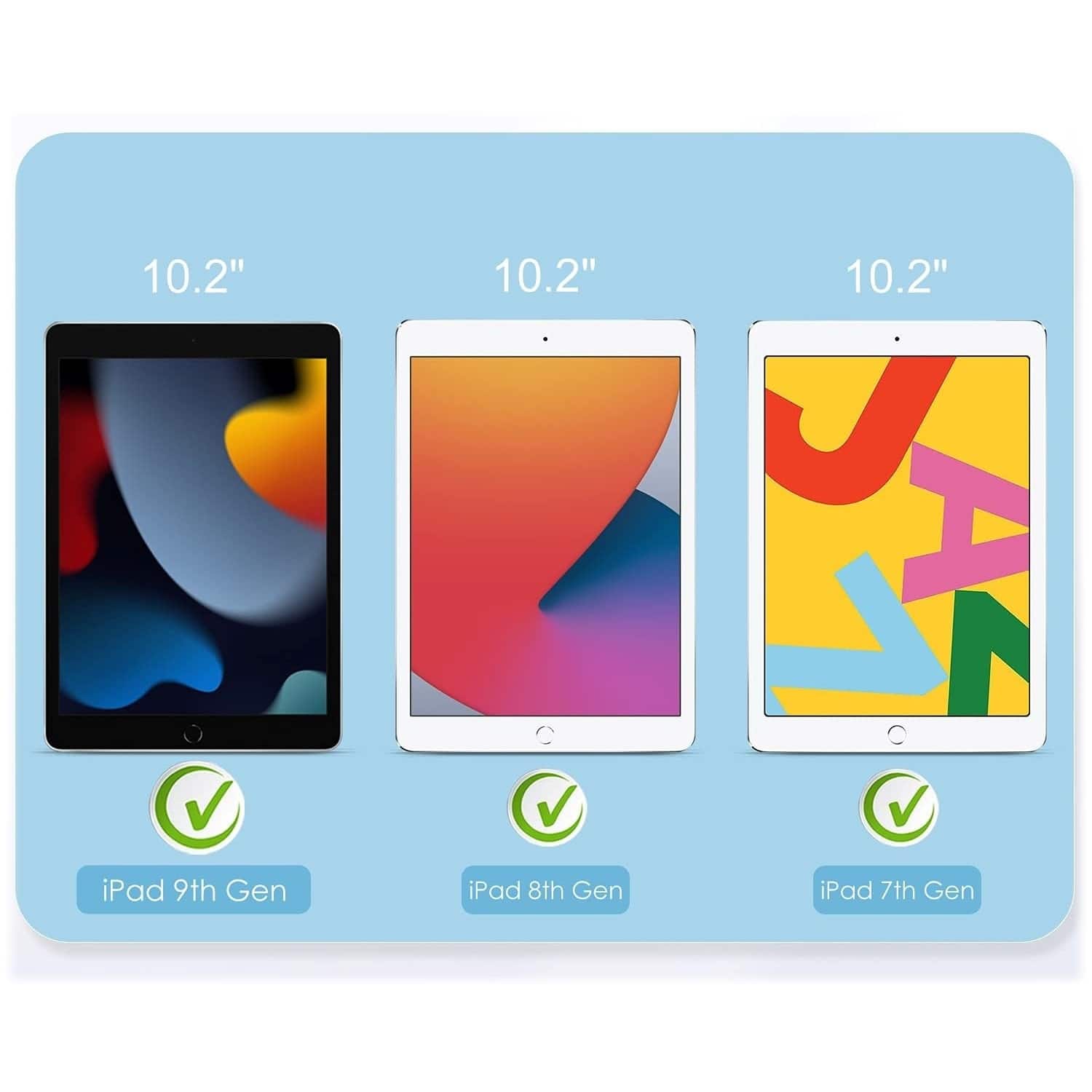 The image features three iPads with different generations, each with a distinct size. The first iPad is on the left side, the second one is in the middle, and the third one is on the right side. The text "10.2" is displayed above each iPad, indicating their screen size. The generations of the iPads are labeled as iPad 9th Gen, iPad 8th Gen, and iPad 7th Gen, respectively, with each generation having a different design and features.