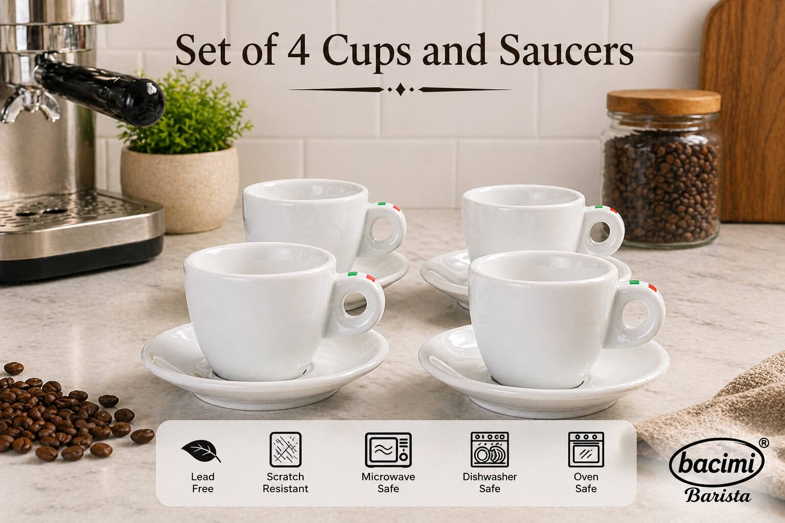 Set of 4 Cups and Saucers Lead Free Scratch Resistant Microwave Safe Dishwasher Safe Oven Safe  
bacimi Barista