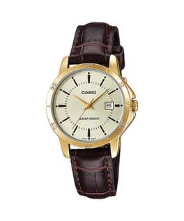Casio - Women’s Gold-Tone Watch with Leather Band and Champagne Dial - LTP-V004GL-9AUDF - Brown