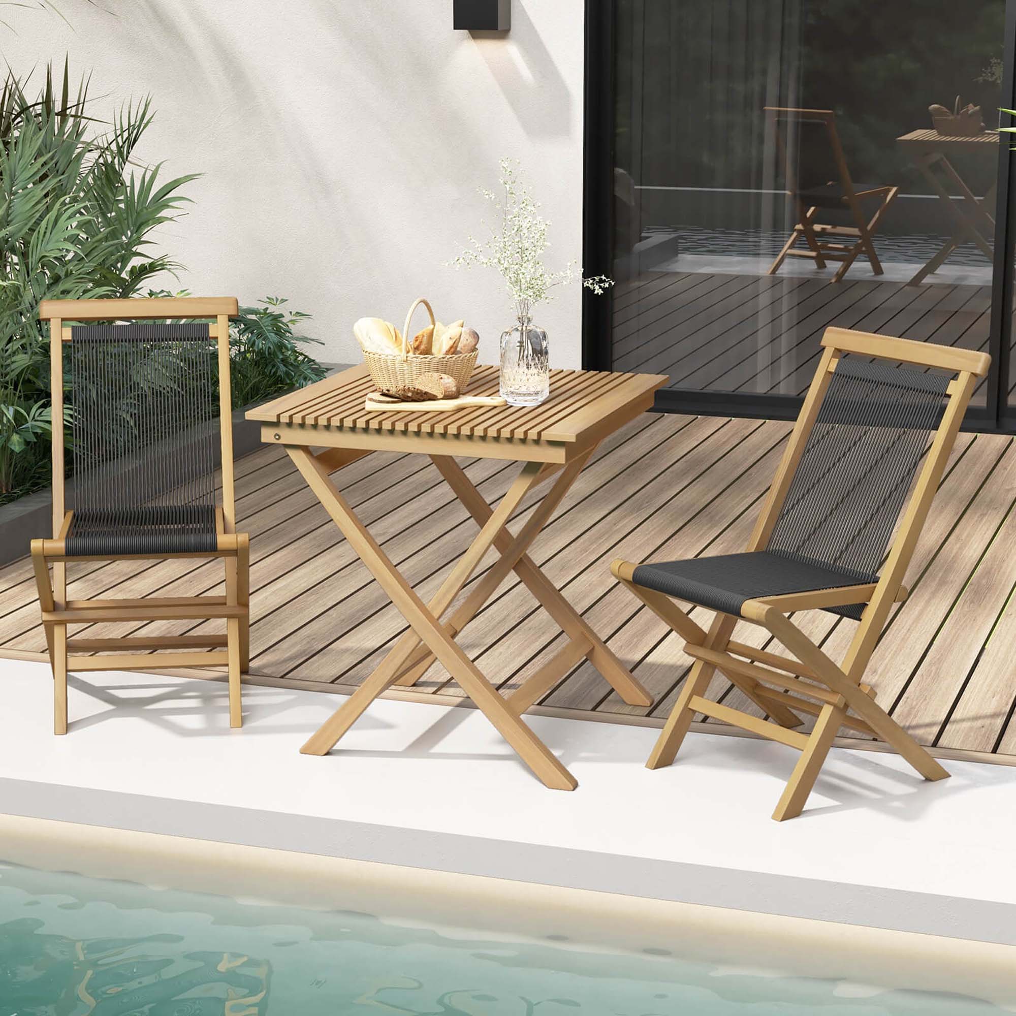 Angle. Costway - 4 PCS Patio Folding Chairs with Woven Rope Seat & Back Indonesia Teak Wood for Porch - Natural + Black.