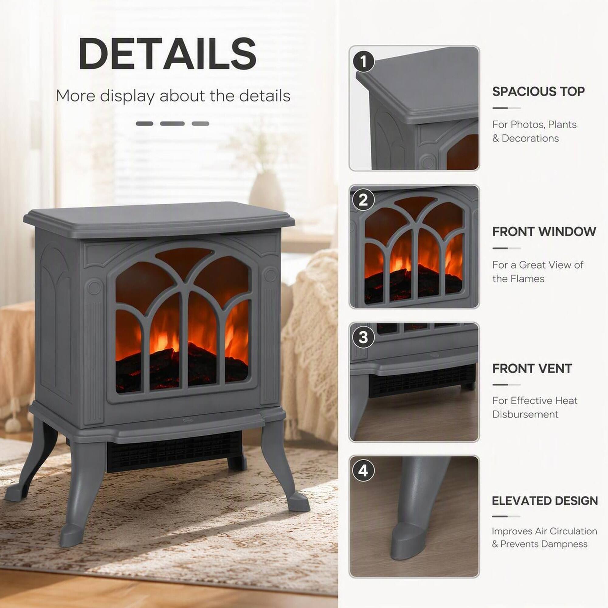 DETAILS  
More display about the details

1. SPACIOUS TOP  
For Photos, Plants & Decorations

2. FRONT WINDOW  
For a Great View of the Flames

3. FRONT VENT  
For Effective Heat Disbursement

4. ELEVATED DESIGN  
Improves Air Circulation & Prevents Dampness