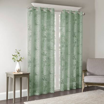 Front. BreeBe - Palm Leaf Burnout Window Sheer Sage Green 50x84' - Sage Green.