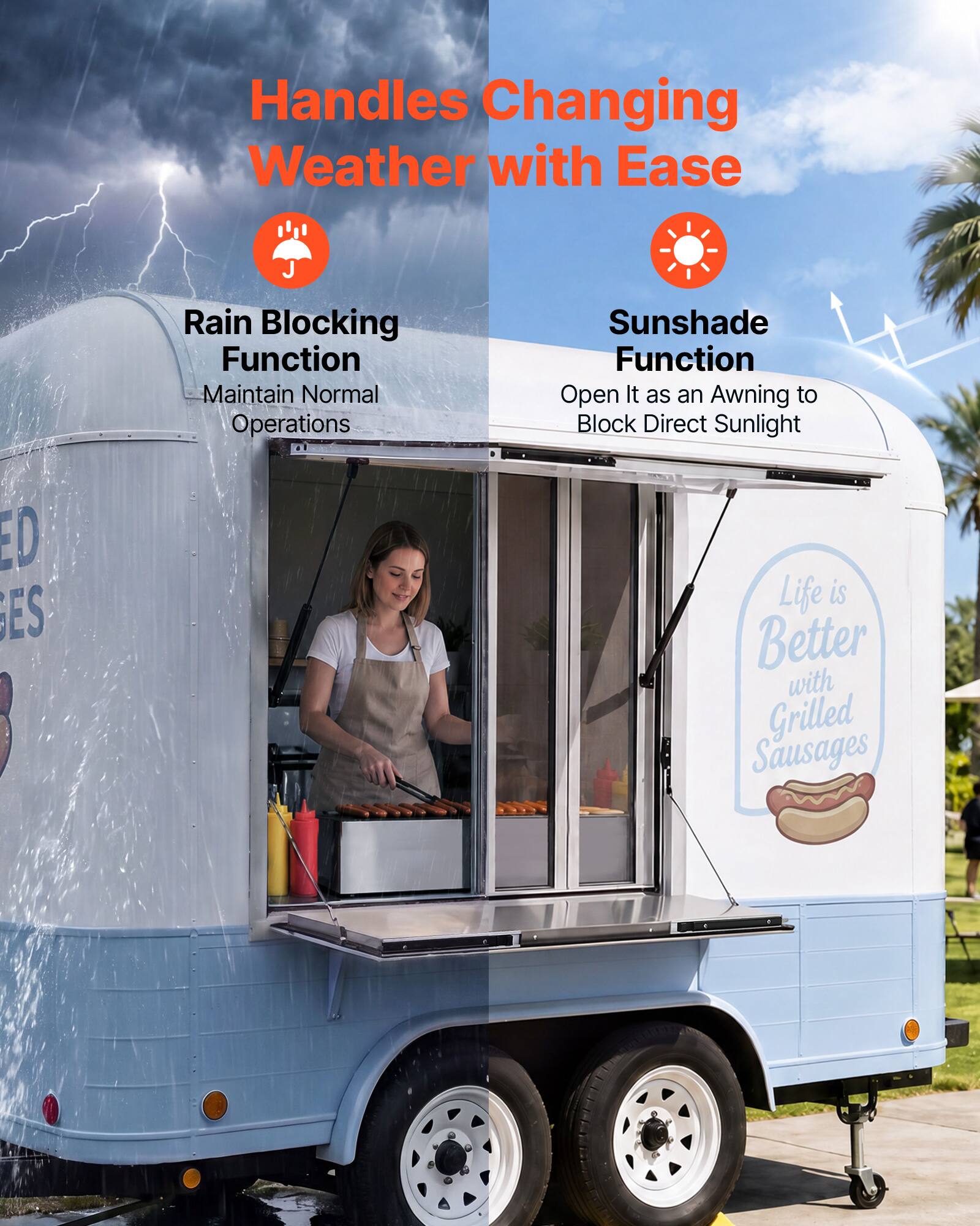 Handles Changing Weather with Ease

Rain Blocking Function
Maintain Normal Operations

Sunshade Function
Open It as an Awning to Block Direct Sunlight

Life is Better with Grilled Sausages