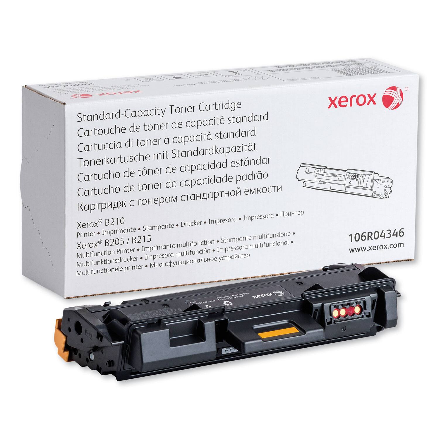 Sure, here is the corrected and grouped text:

---

**Xerox Standard-Capacity Toner Cartridge**

- Cartouche de toner de capacité standard
- Cartuccia di toner a capacità standard
- Tonerpatrone mit Standardkapazität
- Cartucho de toner de capacidad estándar
- Cartucho de toner de capacidad padrão
- Картридж с тонером стандартной емкости

**Compatible with:**

- Xerox® B210
- Xerox® B205 / B215

**Printer Models:**

- Printer • Imprimante • Stampante • Drucker • Impresora • Печать
- Multifunction Printer • Imprimante multifonction • Stampante multifunzione • Impresora multifuncional • Многофункциональное устройство

**Product Code:**

- 106R04346

**Website:**

- www.xerox.com

---

This text is grouped and corrected for clarity and accuracy.