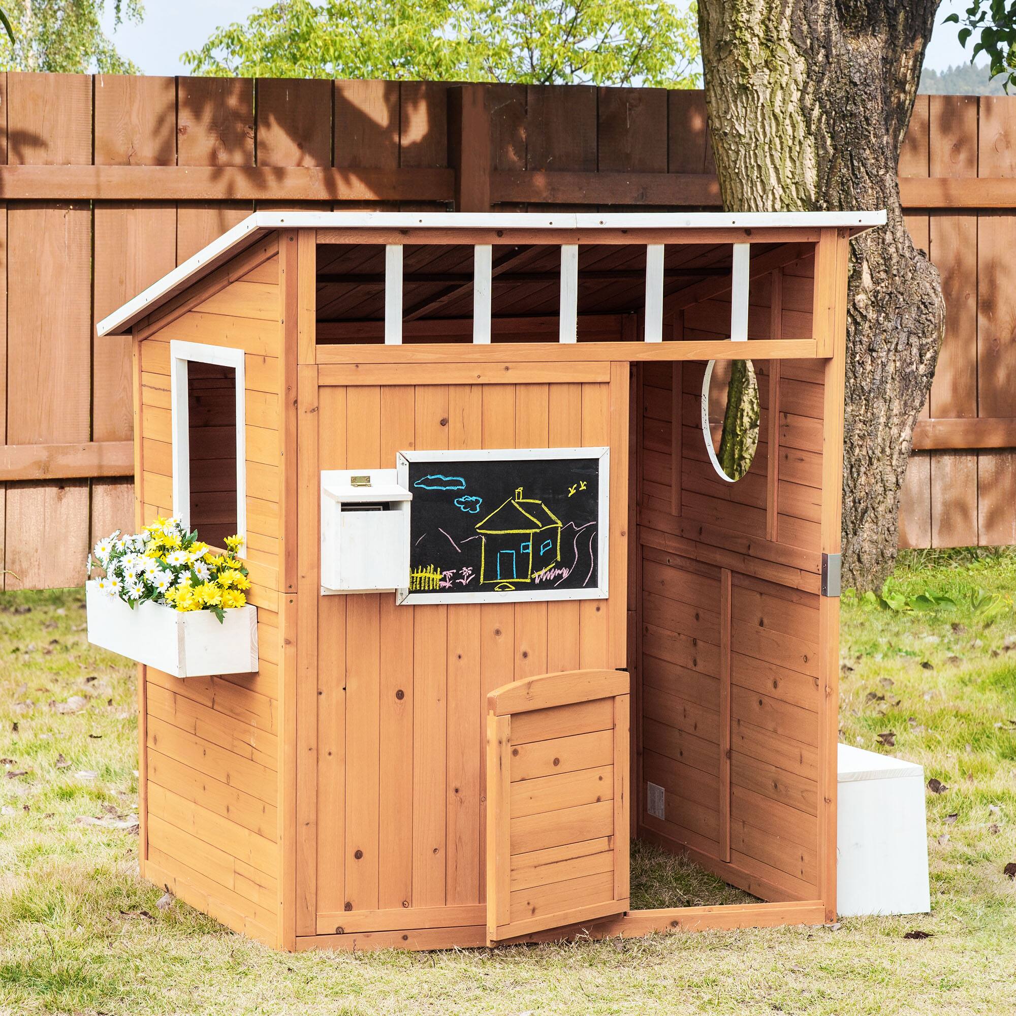 Alt View 1. Outsunny - Playhouse for Kids Outdoor with Working Door, Windows, Mailbox, Bench, Flowers Pot Holder.