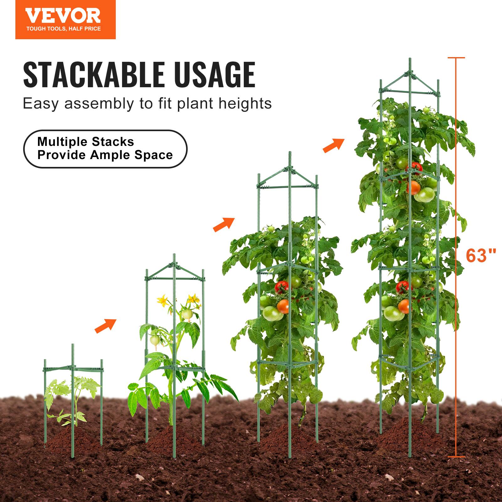 VEVOR TOUGH TOOLS, HALF PRICE
STACKABLE USAGE
Easy assembly to fit plant heights
Multiple Stacks Provide Ample Space
63"