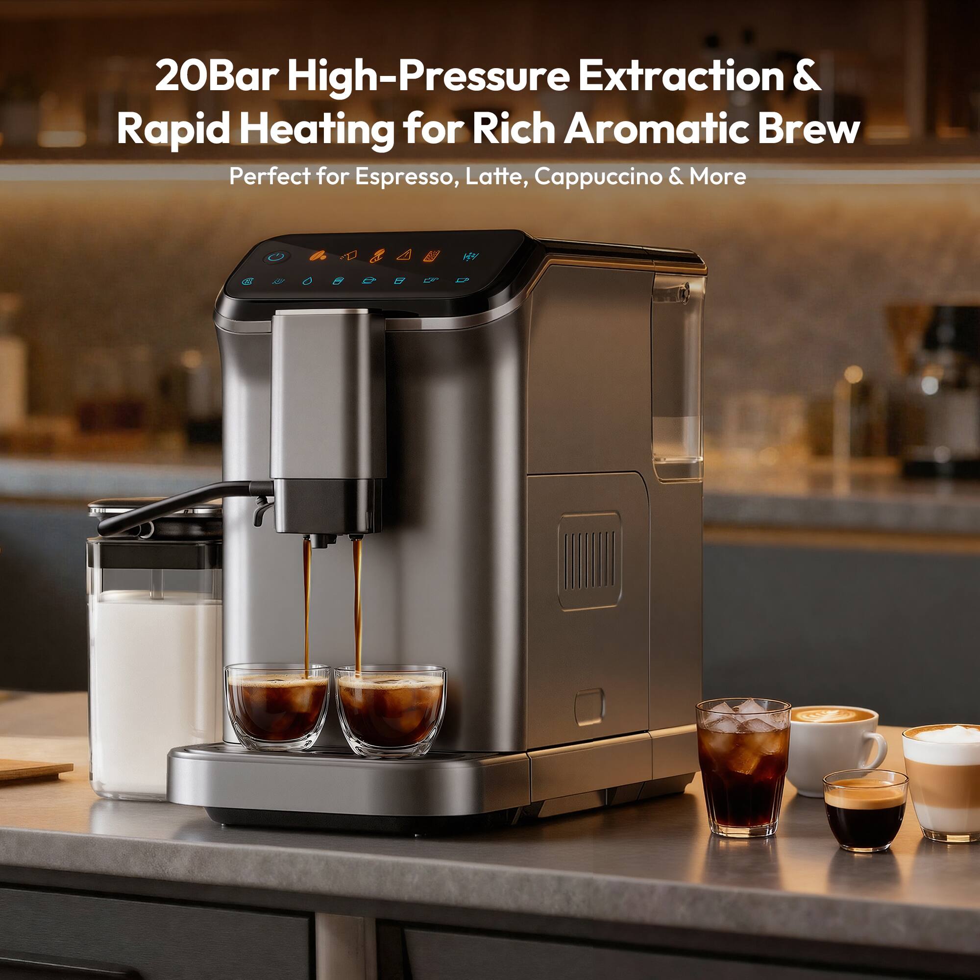 20Bar High-Pressure Extraction & Rapid Heating for Rich Aromatic Brew  
Perfect for Espresso, Latte, Cappuccino & More