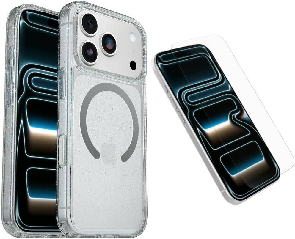 Front. OtterBox - OtterBox iPhone 17 Pro (Only) Bundle: Symmetry Clear Series+ Case & Screen Protector - Snaps to MagSafe - Ultra-Sleek - Stardust (Clear/Glitter).