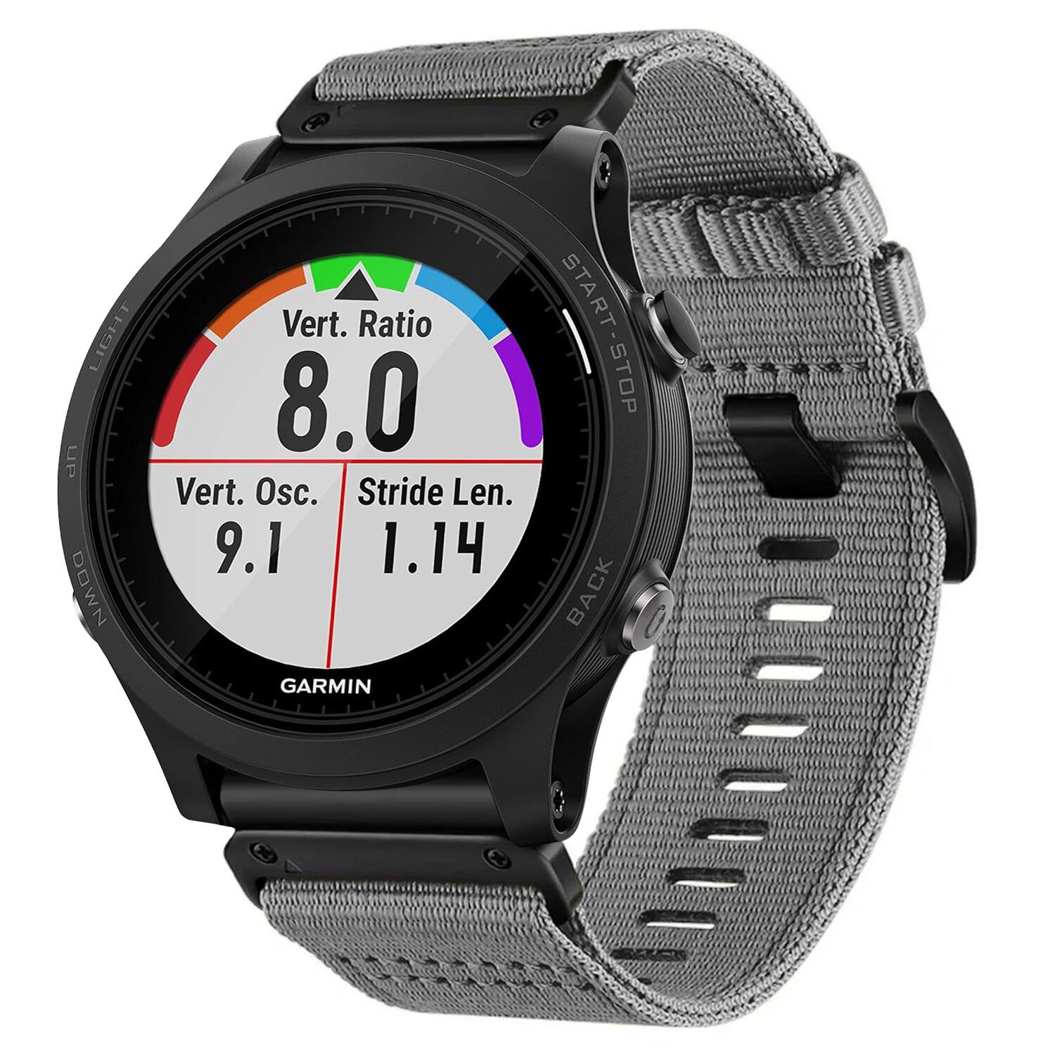 LIGHT UP DOWN  
Vert. Ratio 8.0  
Vert. Osc. 9.1  
Stride Len. 1.14  
GARMIN  
START-STOP  
BACK