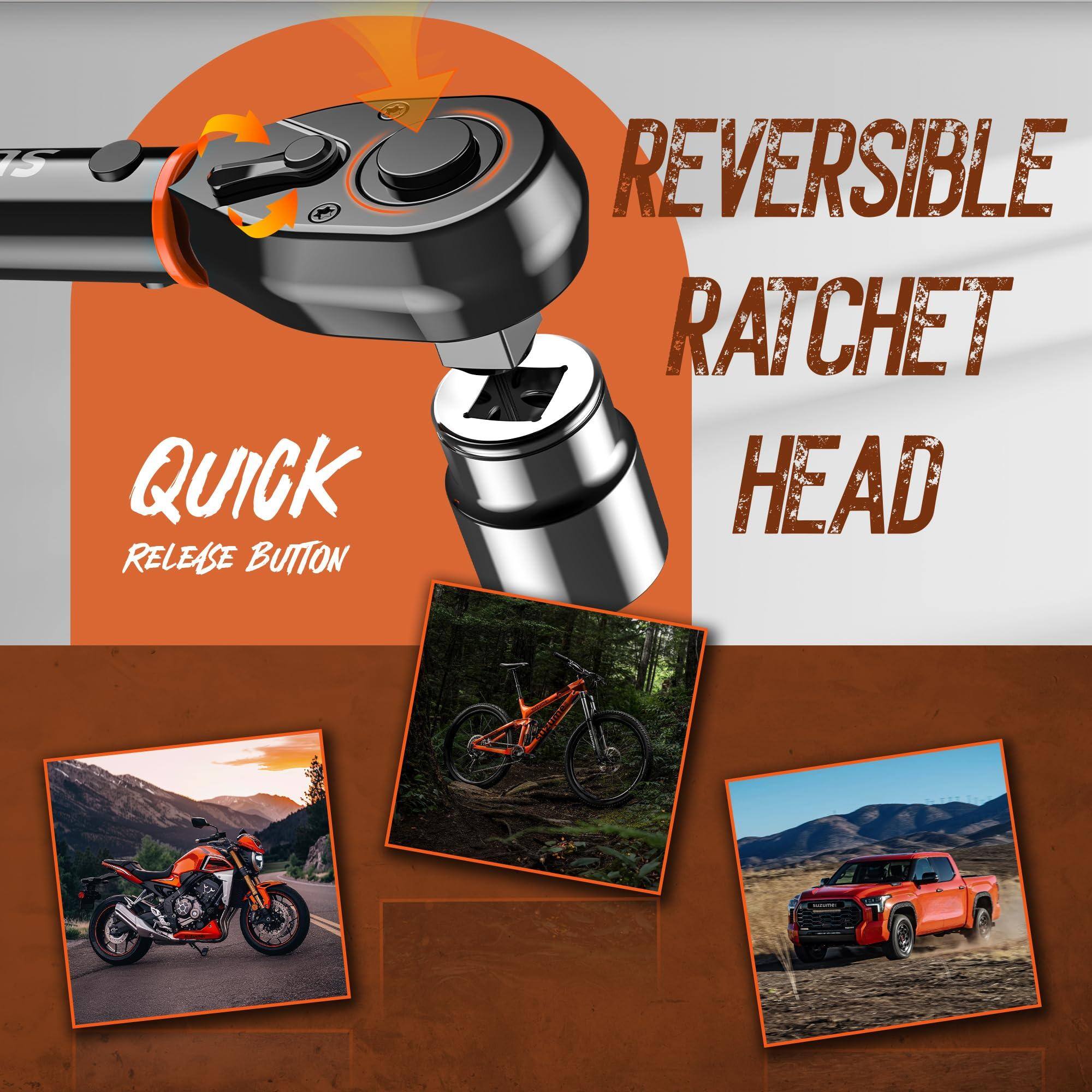 QUICK RELEASE BUTTON  
REVERSIBLE RATCHET HEAD