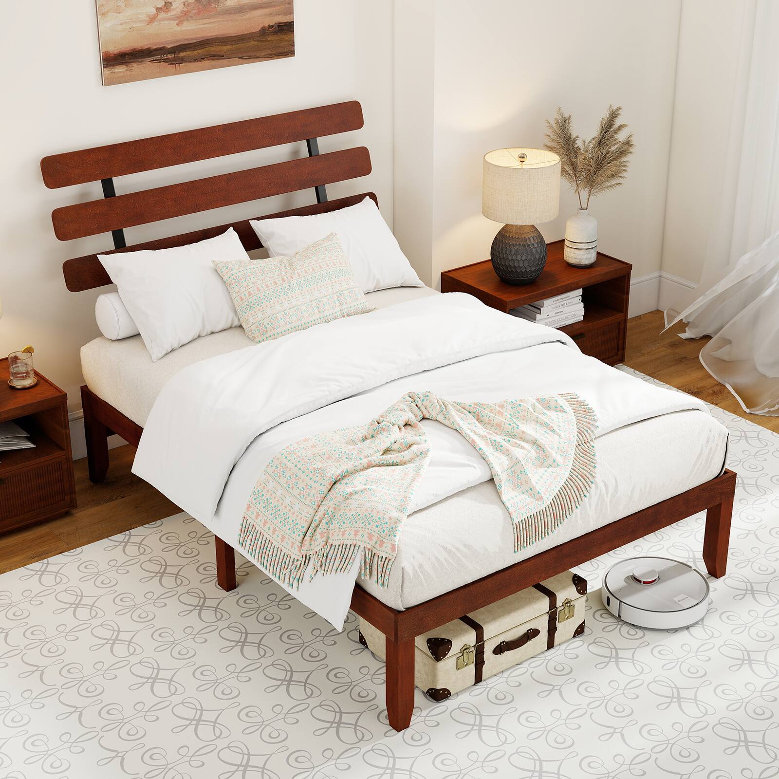 Alt View 4. Costway - Costway 15.5 Inch Full Size Bed Frame with Retro Headboard &Under-Bed Storage Space - Walnut.