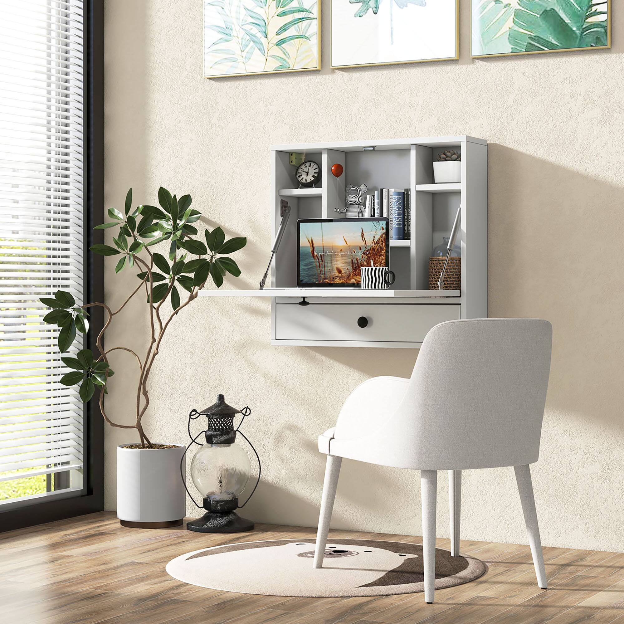 Alt View 1. Gymax - Gymax Wall-mounted Desk Floating Computer Workstation w/ Storage Shelves Home Office White - White.
