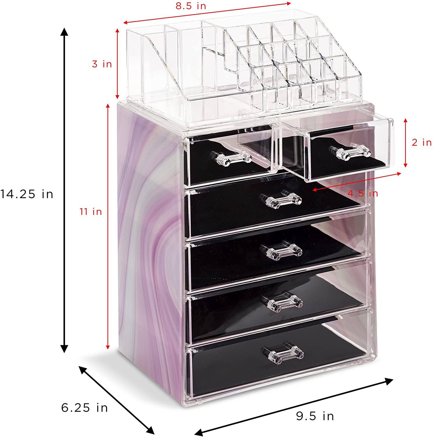 - Height: 14.25 in
- Width: 9.5 in
- Depth: 6.25 in
- Top Shelf Width: 8.5 in
- Drawer Height: 3 in
- Drawer Width: 4.5 in
- Drawer Depth: 11 in
- Drawer Spacing: 2 in