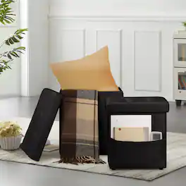 Oumilen - 2 Pack Velvet Storage Ottoman Stools – Large & Small Cube Foot Rest with Side Pocket for Bedroom - Black