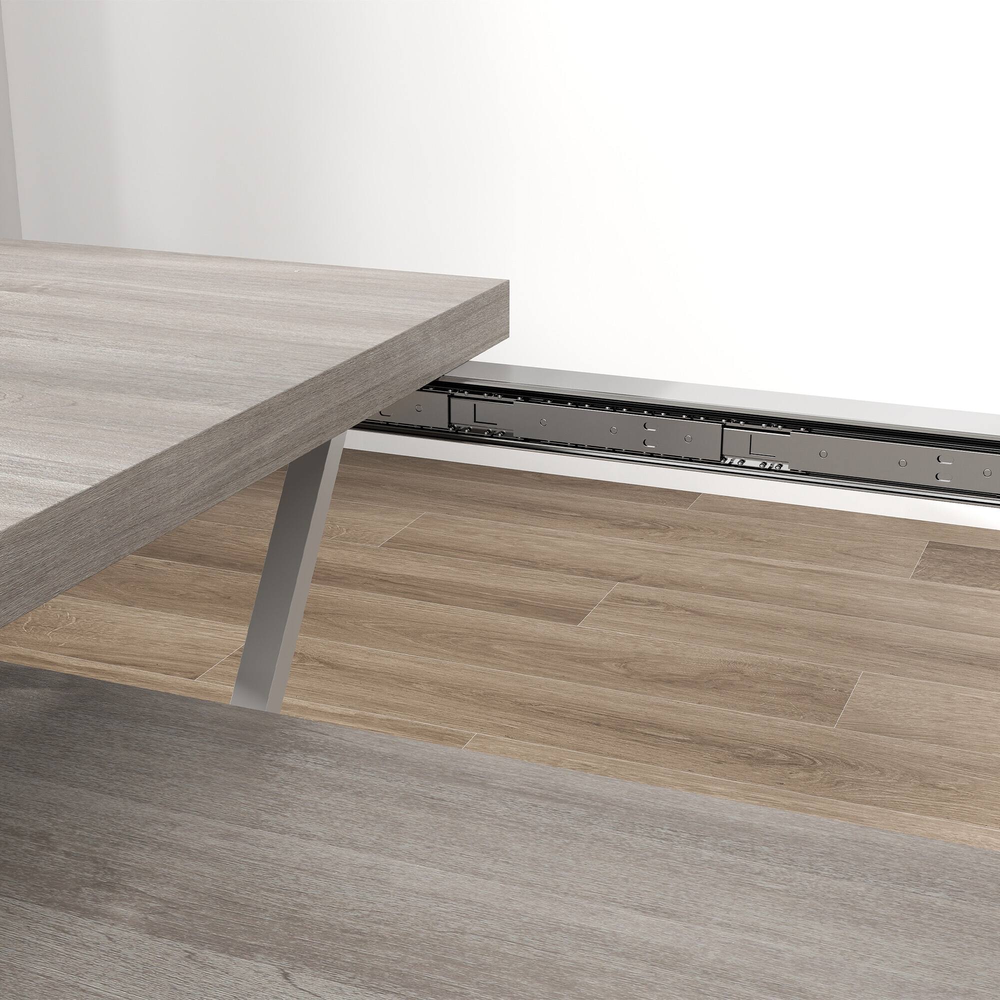 Alt View 7. Homcom - 47"-63" Expandable Dining Table for 4-6 People, Farmhouse Extendable Dining Room Table with Metal Trestle Base - Distressed Gray.