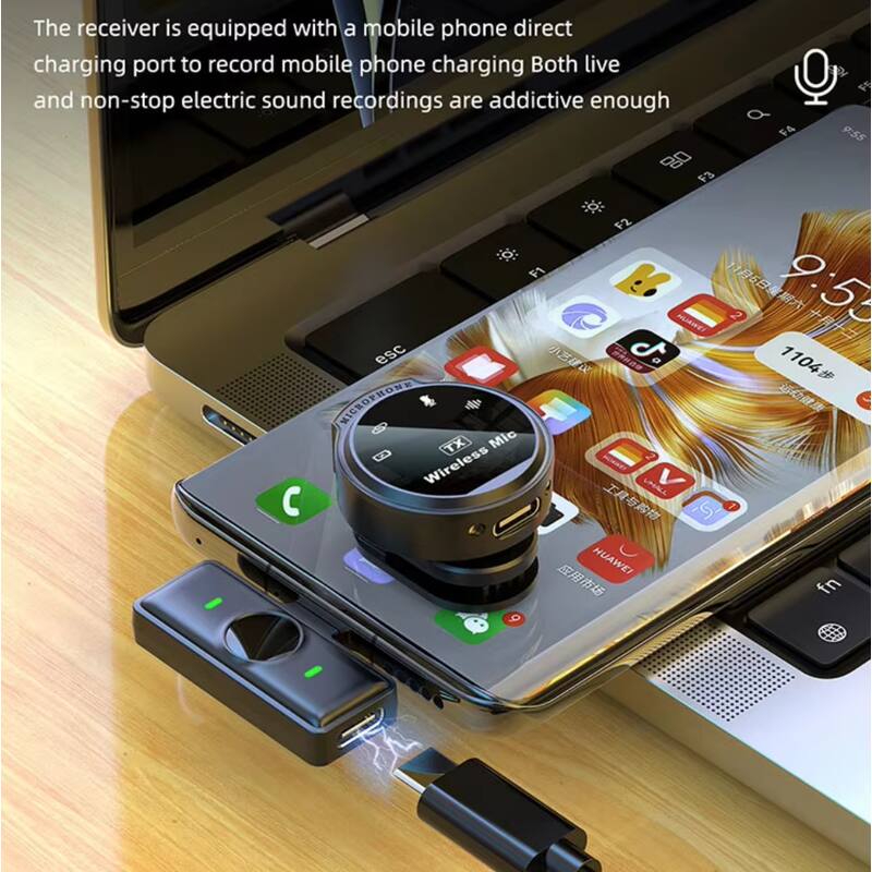The receiver is equipped with a mobile phone direct charging port to record mobile phone charging. Both live and non-stop electric sound recordings are addictive enough.

F4 A 9:55  
F3 F2 F1 15 MWCY 2 9:50  
esc PAM c a 1104 MICROPHONK  
TX Mic Wireless AER LNAL V  
HUAWEI fn 9