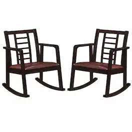 Costway - 2 PCS Rocking Chair Solid Rubber Wood Rocker with Faux Leather Upholstered Seat - Dark Brown and Brown
