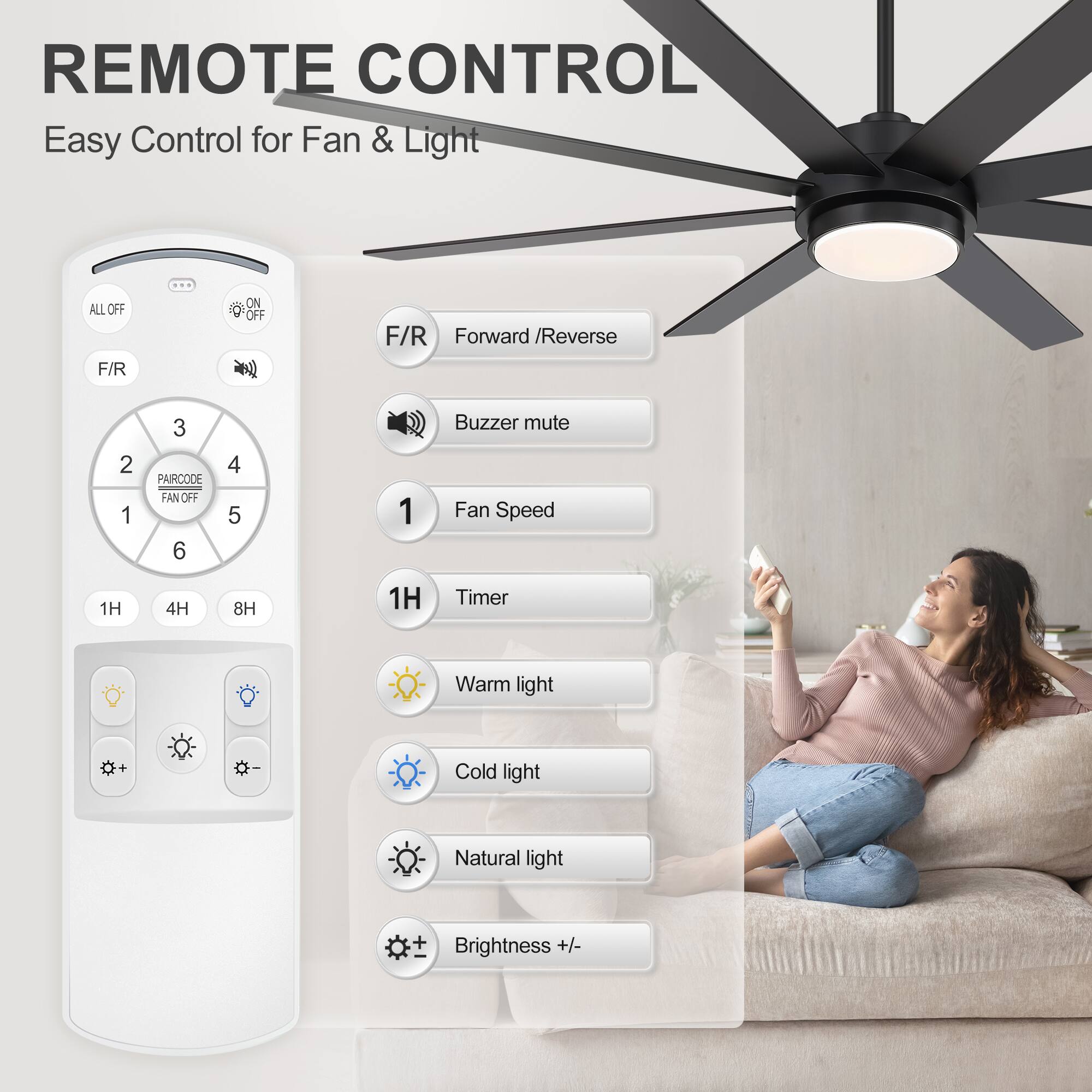 REMOTE CONTROL  
Easy Control for Fan & Light

ALL OFF  
F/R  
ON OFF  
F/R Forward / Reverse  
2 1  
3 PAIRCODE FAN OFF 6  
4 5  
1  
Buzzer mute  
Fan Speed  
1H  
4H  
8H  
1H  
Timer  
Warm light  
Cold light  
Natural light  
Brightness +/-