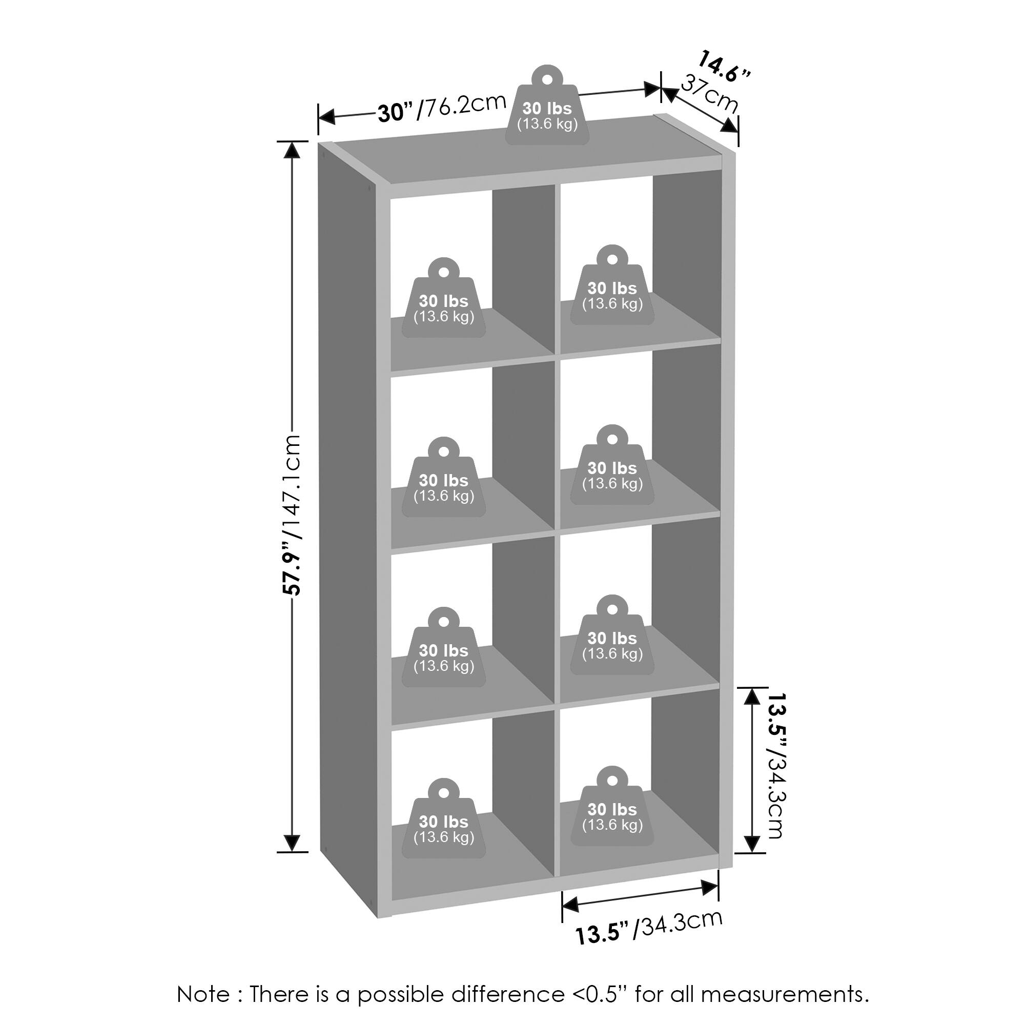 - Width: 30" / 76.2 cm
- Depth: 14.6" / 37 cm
- Height: 57.9" / 147.1 cm
- Shelf Capacity: 30 lbs (13.6 kg) per shelf
- Shelf Spacing: 13.5" / 34.3 cm
- Note: There is a possible difference <0.5" for all measurements.