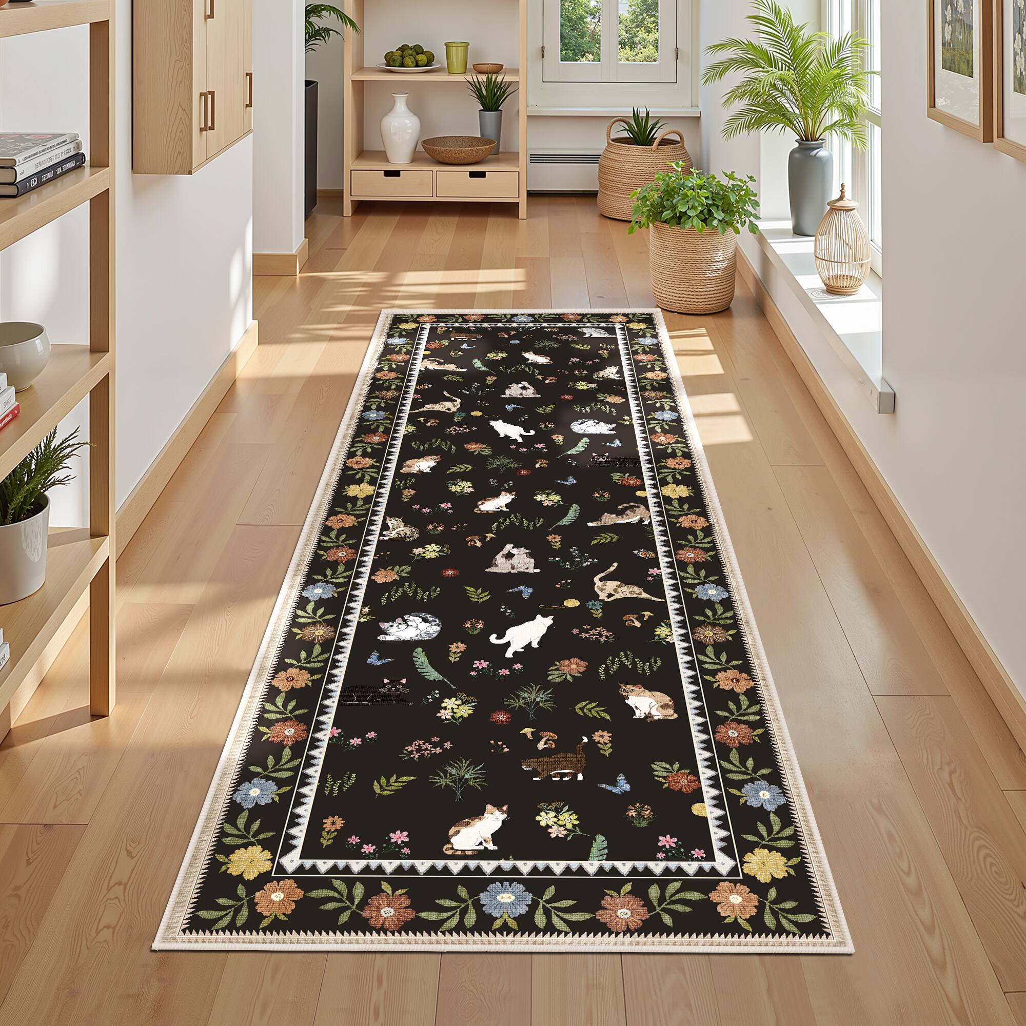 Alt View 2. KERDOM - Playful Kitten Pattern 2x6 ft Runner Rug, Cat-Themed Hallway Carpet for Kitchen & Laundry, Non-Slip Washable Floor Mat - Black.