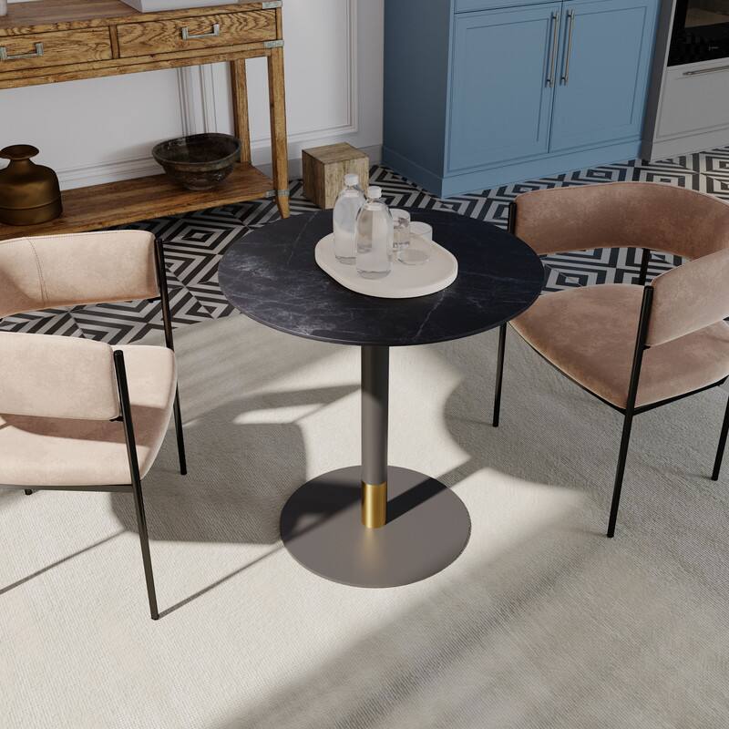 Angle. LeisureMod - Vail 27 Inch Round Dining Table with MDF Top and Black/Gold Base, Modern Small Kitchen Bistro Accent Table - Black.