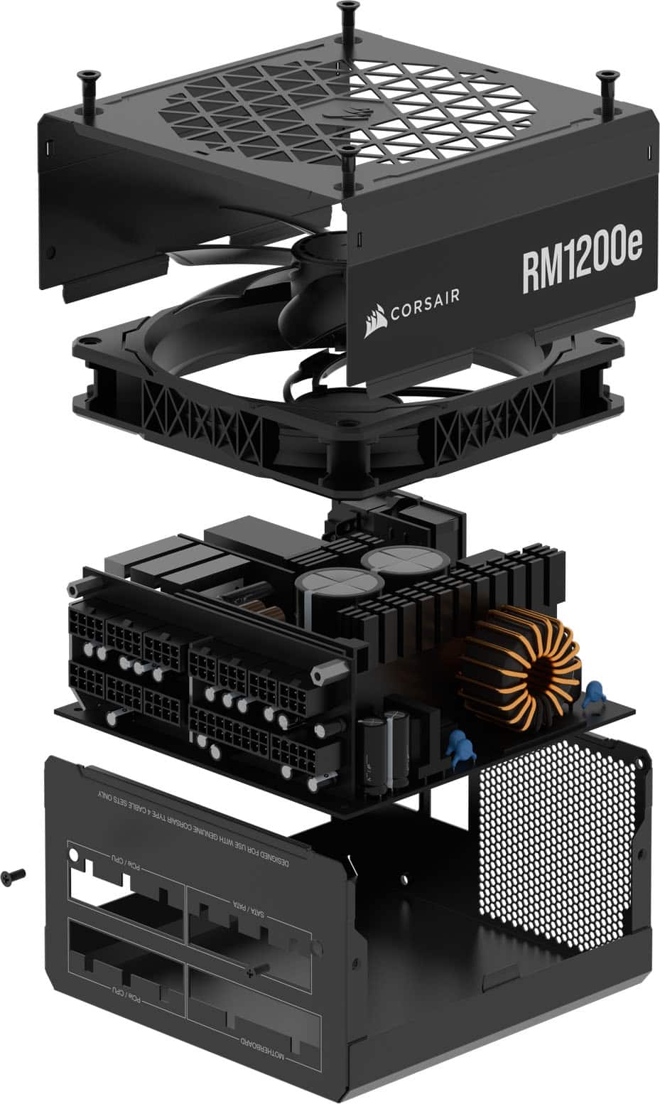 The image features a black Corsair RM1200e power supply unit, which is designed for use with high-performance gaming computers. The power supply unit is placed on top of a black box, which is likely a CPU cooler. The power supply unit is connected to the motherboard, ensuring a stable and efficient supply of power to the computer components. The image also shows a close-up of the power supply unit, highlighting its features and design.