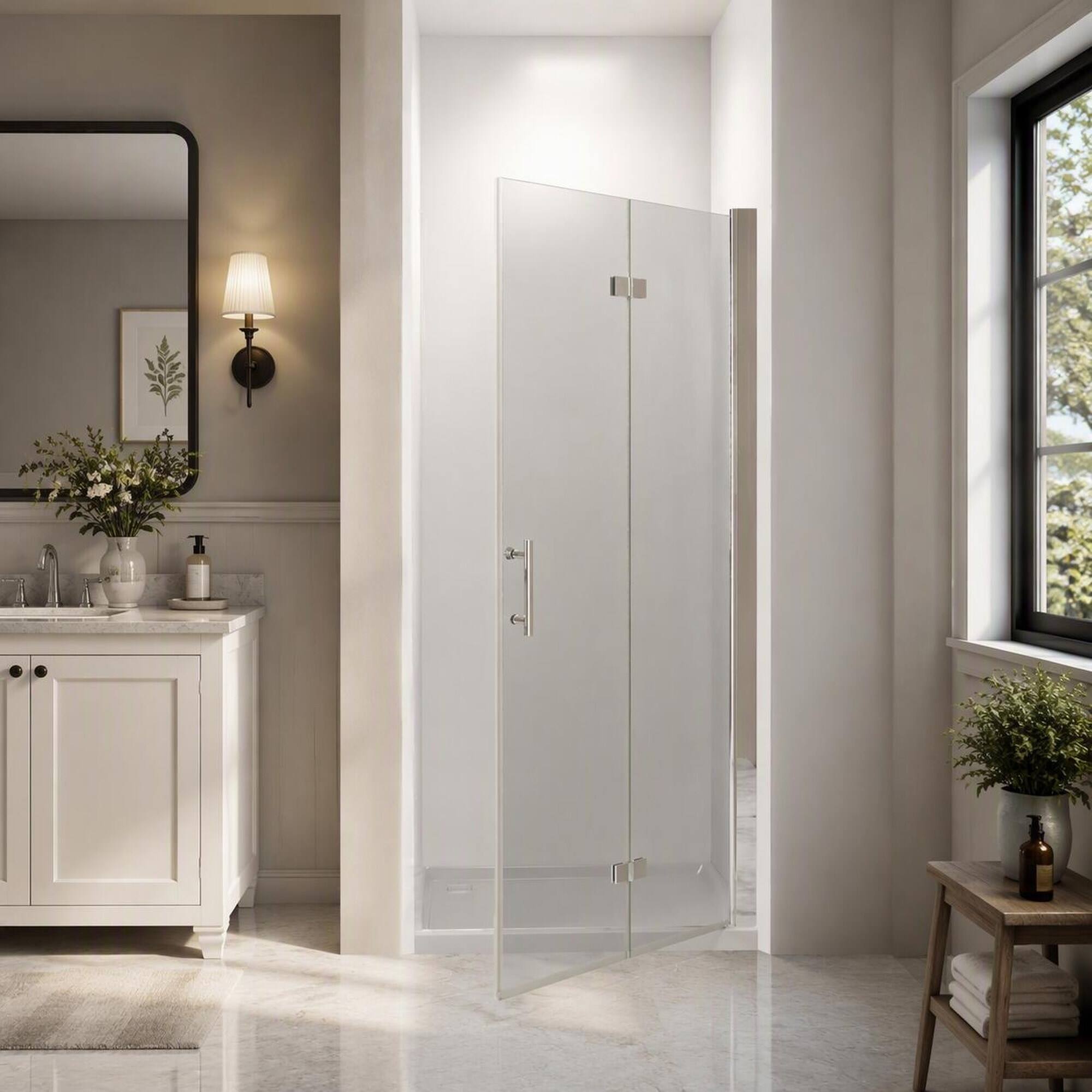 Left. RYHNUYNE - 34-35 In X 72 In Bifold Shower Door, 1/4 In Clear Tempered Glass Chrome Finish - Brushed Nickel.