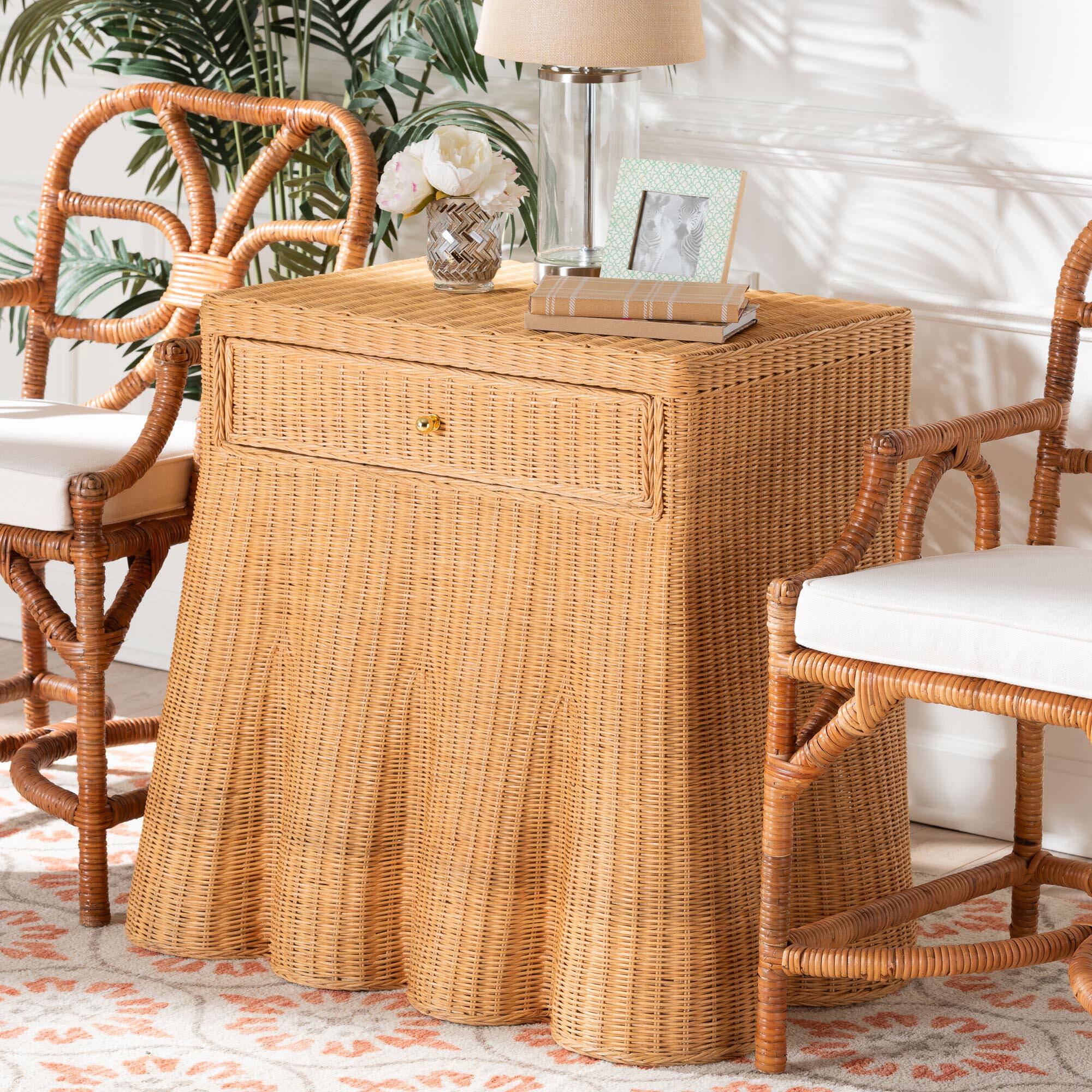 Alt View 5. bali & pari - Chica Scalloped Natural Rattan Console Table with Drawer - Handwoven Wicker Accent Table, Rectangle - Light Honey.